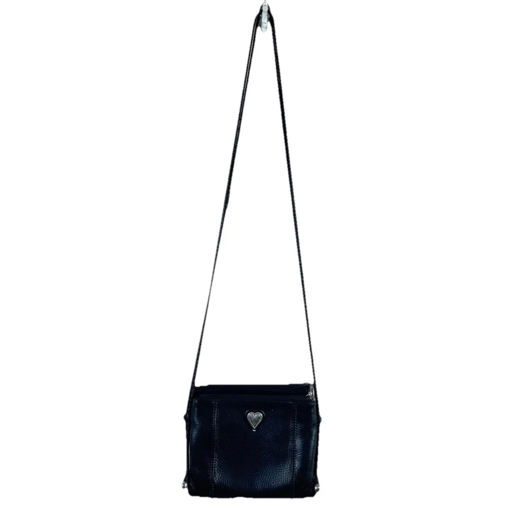 BRIGHTON black leather mini silver heart emblem crossbody bag